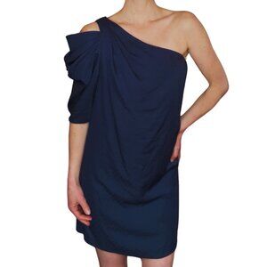 Midnight Dot Draped, One-Shoulder Mini Dress - Size: Small / Color: Navy Blue